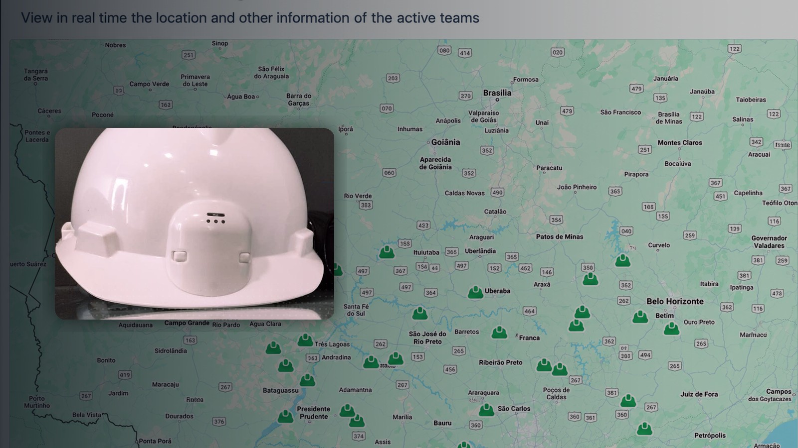 Team monitoring map and helmet-mounted electric-field safety sensor.