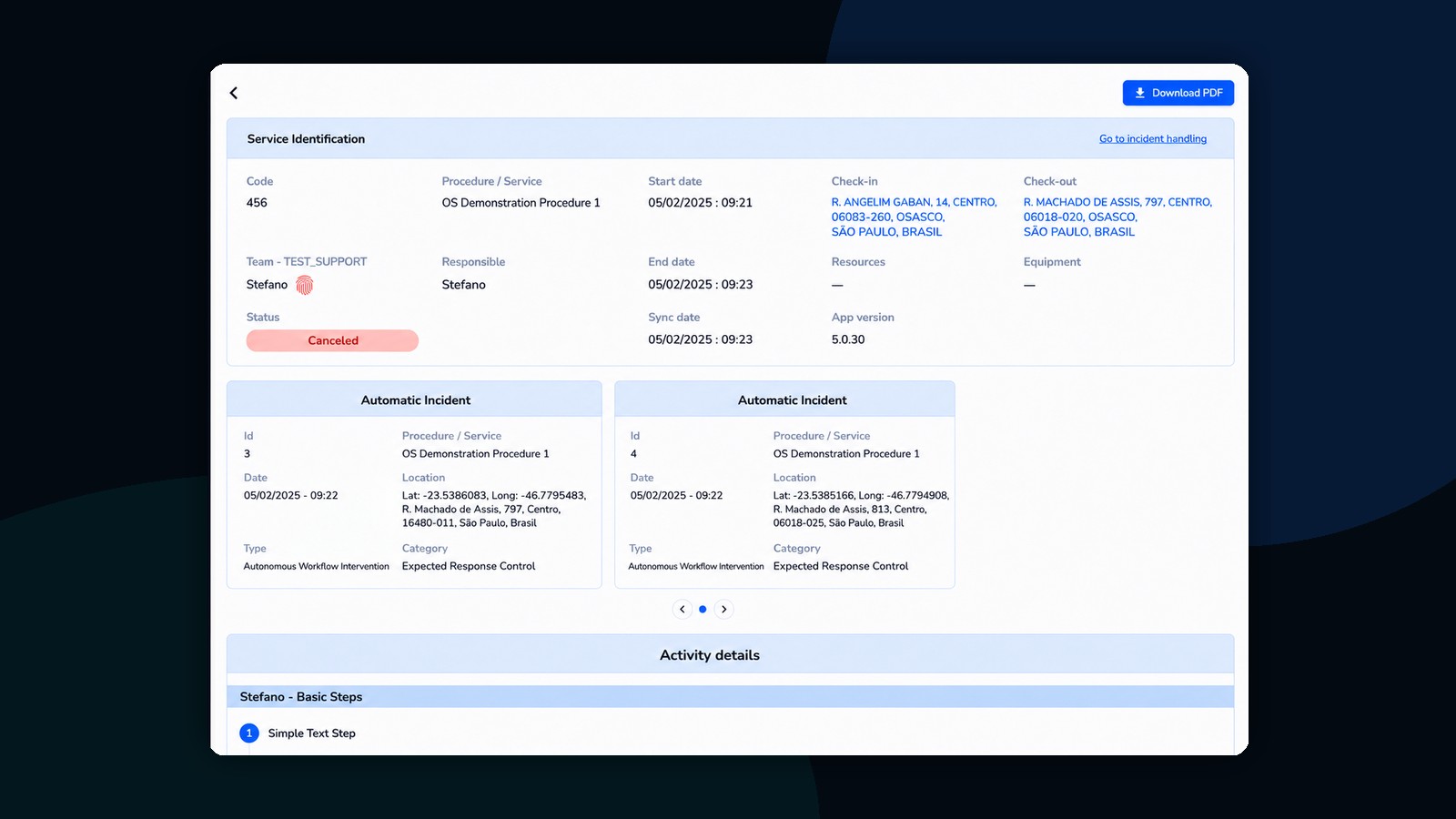 Digital utility procedure execution dashboard showing field workflow, biometric identity and incident records.