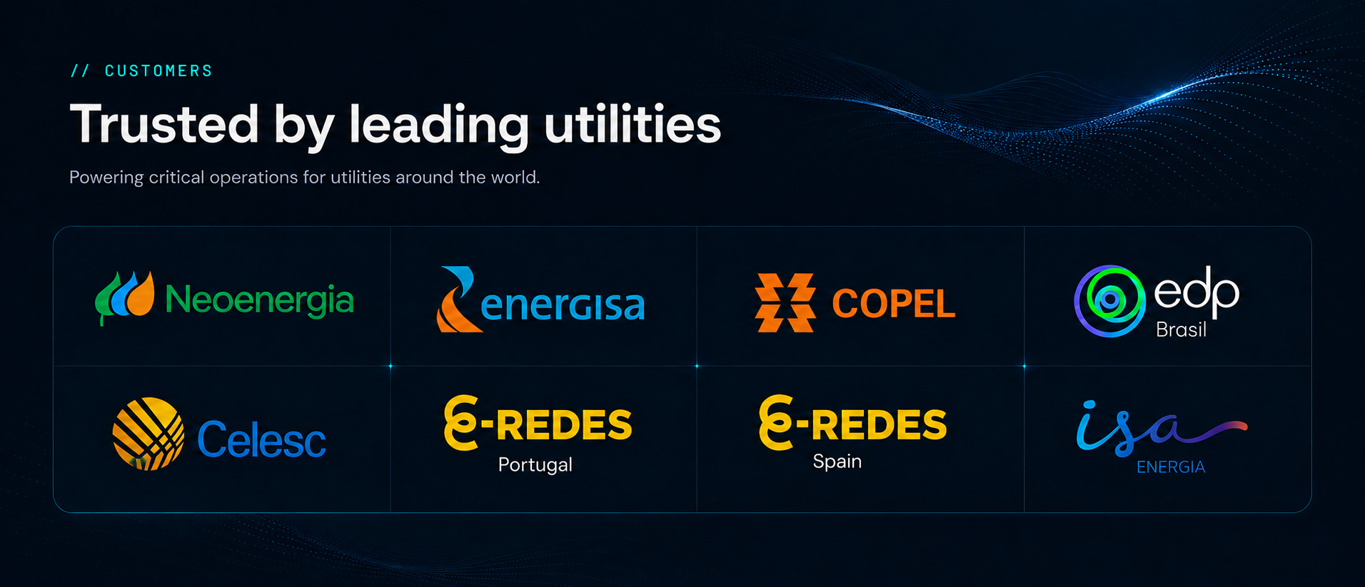Trusted by leading utilities including Neoenergia, Energisa, Copel, EDP Brasil, Celesc, E-REDES Portugal, E-REDES Spain, and ISA Energia.